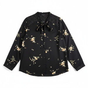 41 Hawthorn Floral and Polka Dot Tie Neck Blouse Top Black Plus Size 1X Fairy